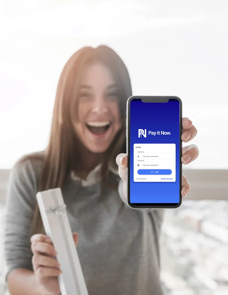 Woman excitedly showing off the PIN Network app on her smartphone