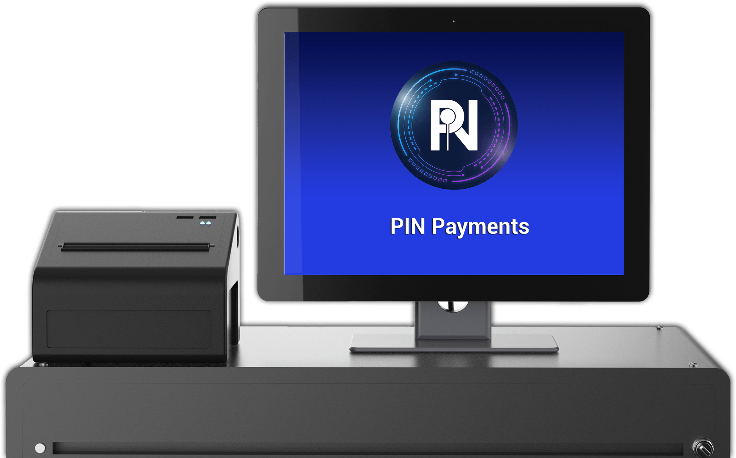 A POS terminal, printer and screen displaying the PIN logo